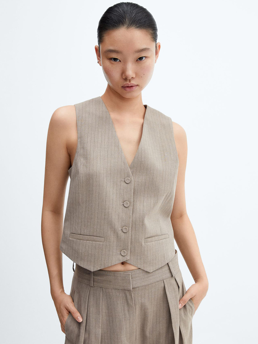 

MANGO Women Striped Waistcoat, Beige
