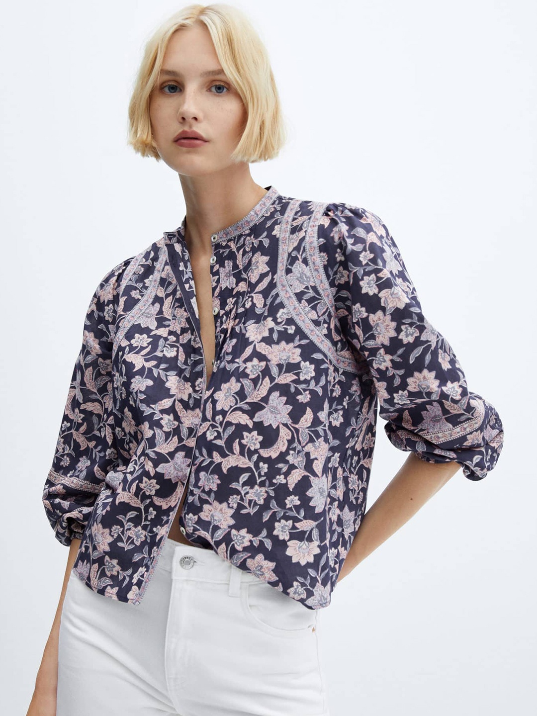 

MANGO Floral Print Puff Sleeve Pure Cotton Shirt Style Top, Purple