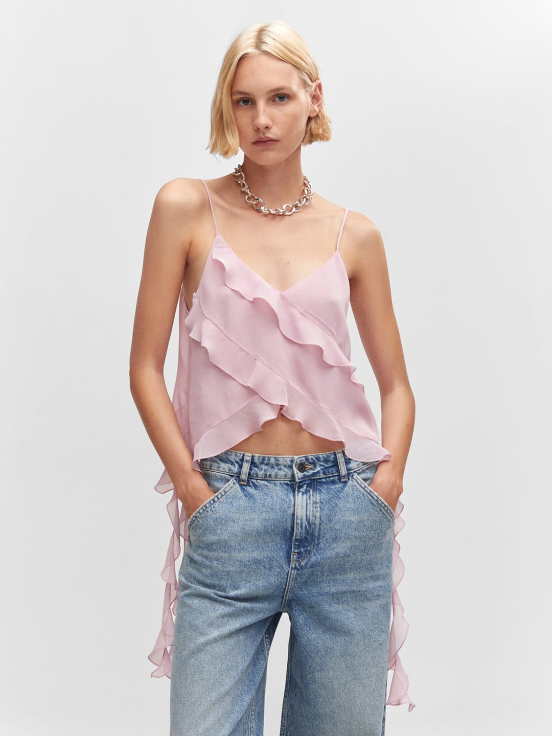 

MANGO Ruffled Chiffon Crop Top, Lavender