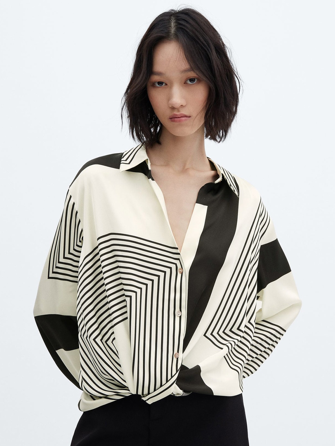 

MANGO Striped Crossover Hem Casual Shirt, Cream