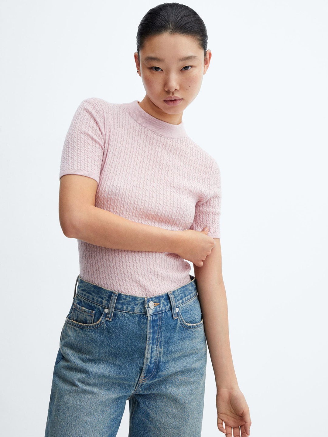 

MANGO Cable Knit Pullover, Pink