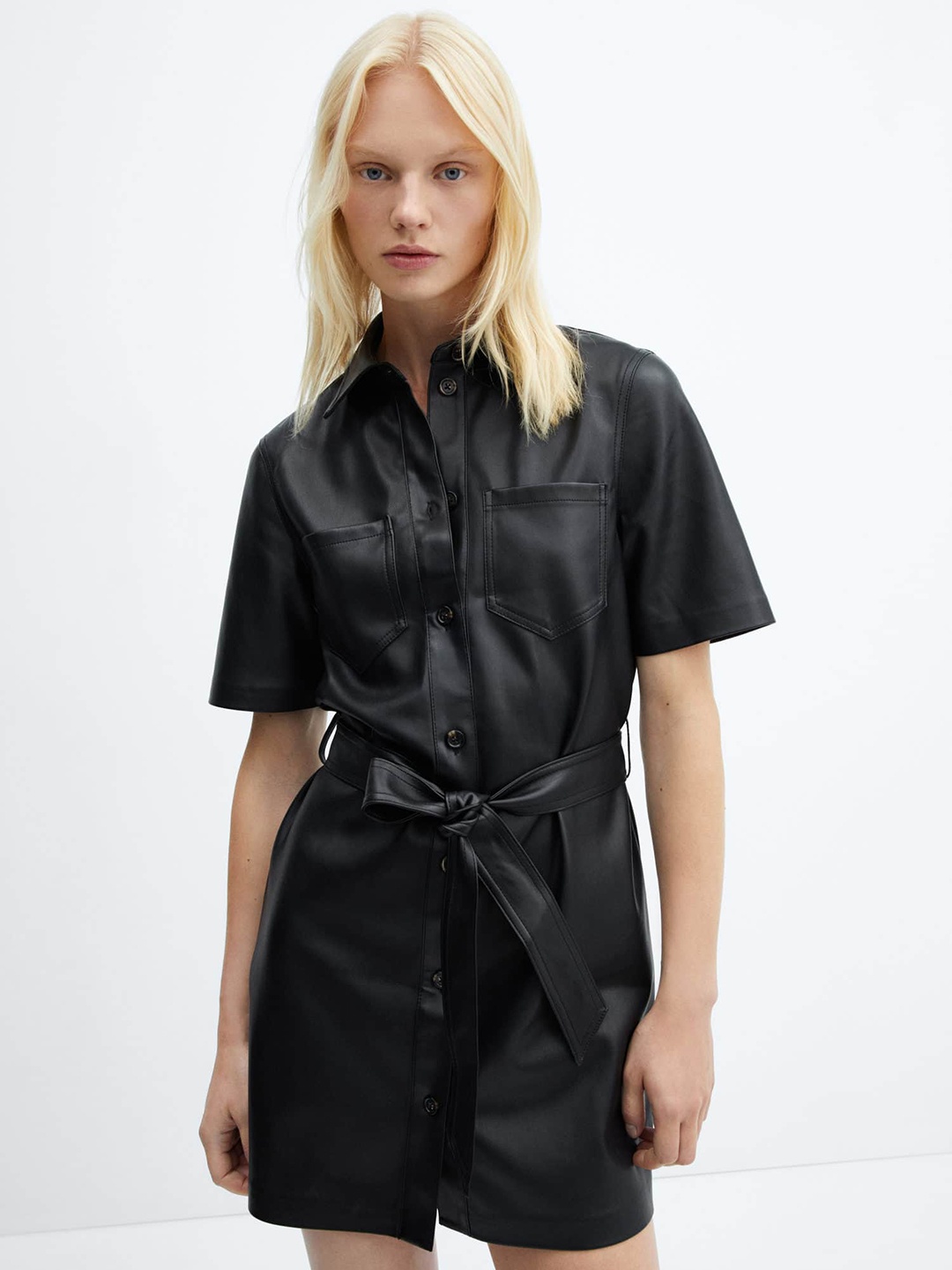 

MANGO Faux Leather Belted Shirt Dress, Black
