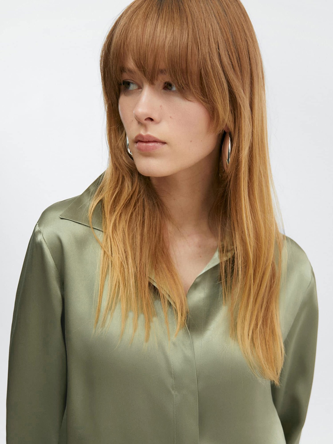 

MANGO Satin Silk Casual Shirt, Olive