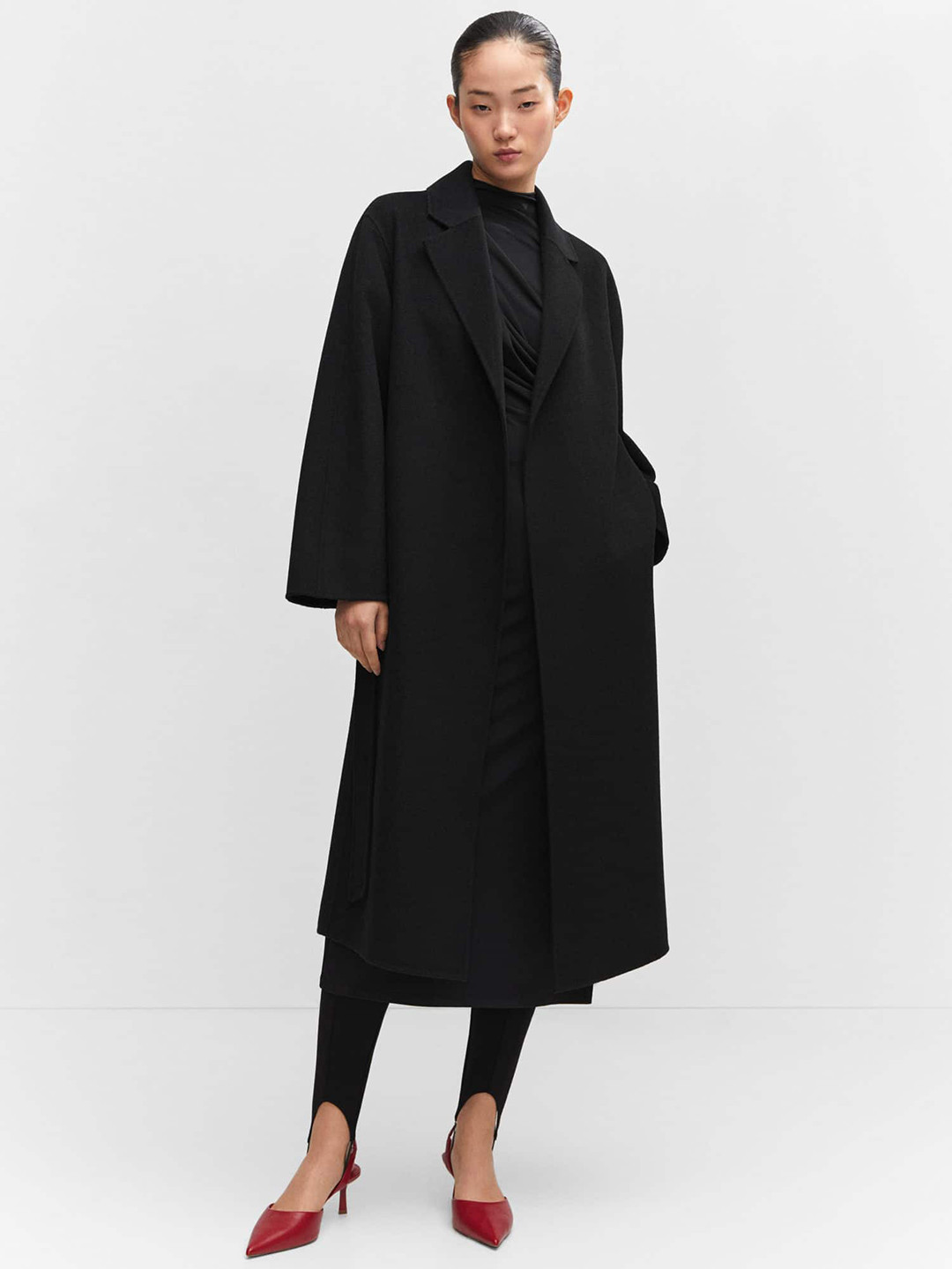 

MANGO Front-Open Longline Overcoat with Belt, Black