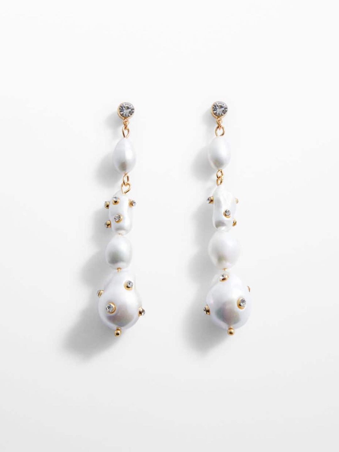 MANGO Beaded & Studded Contemporary Drop Earrings, Off white