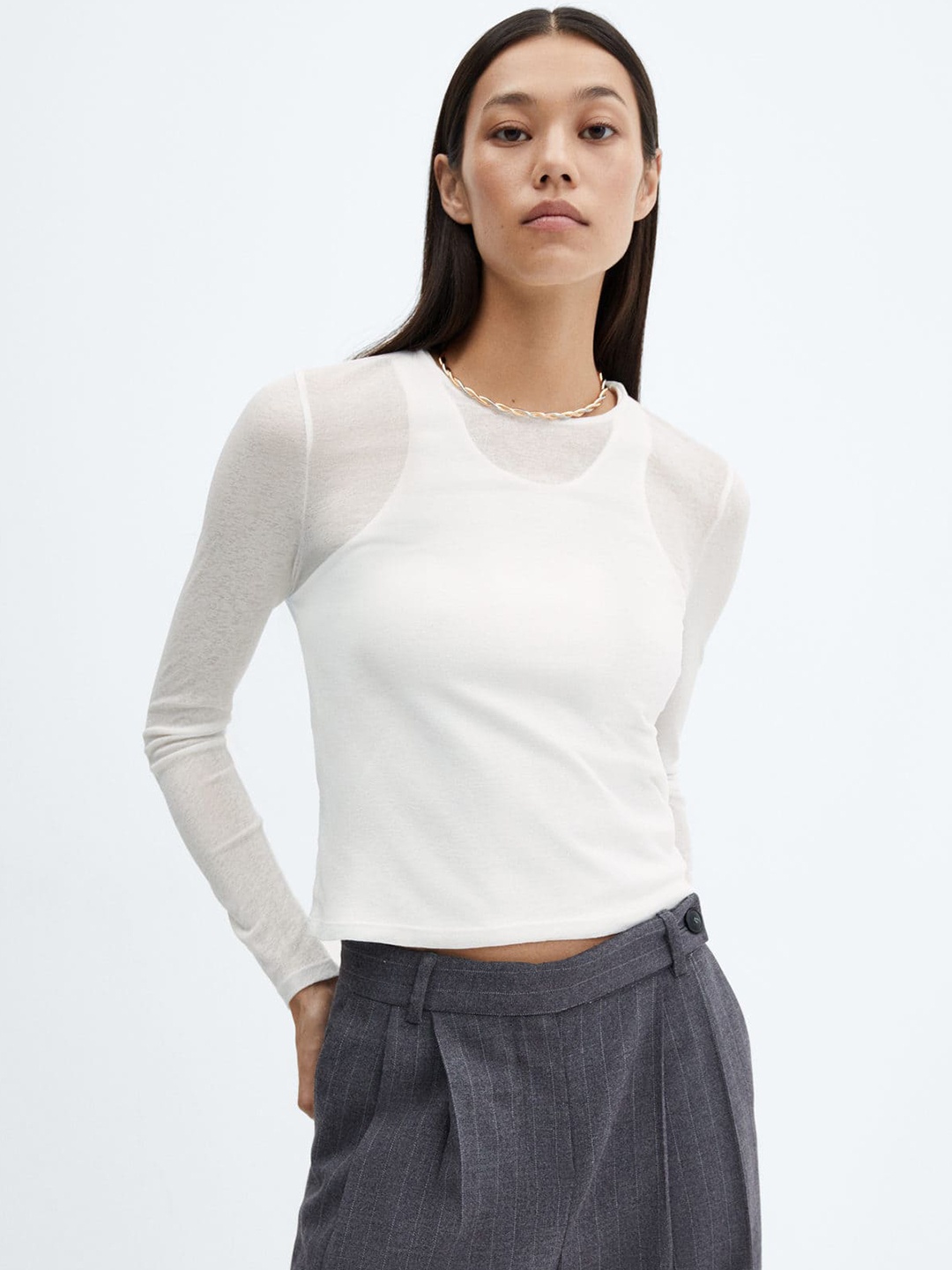 

MANGO Sheer T-shirt With Attached Tank Top, White