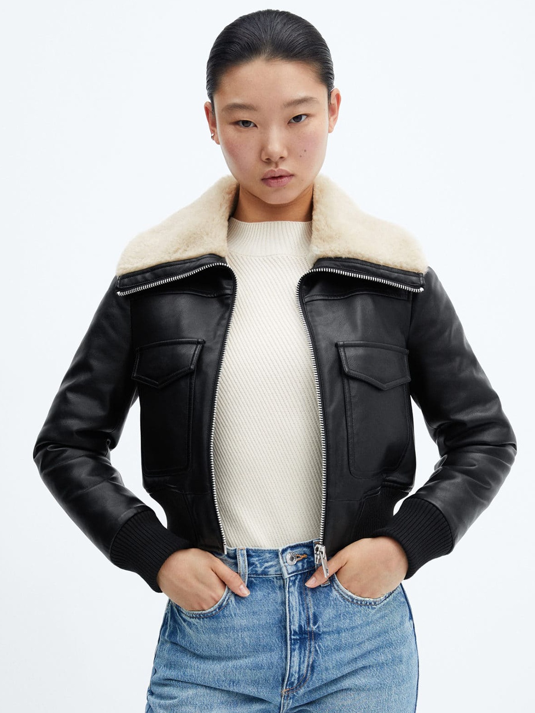 

MANGO Faux Fur Detailed Spread Collar Bomber Jacket, Black