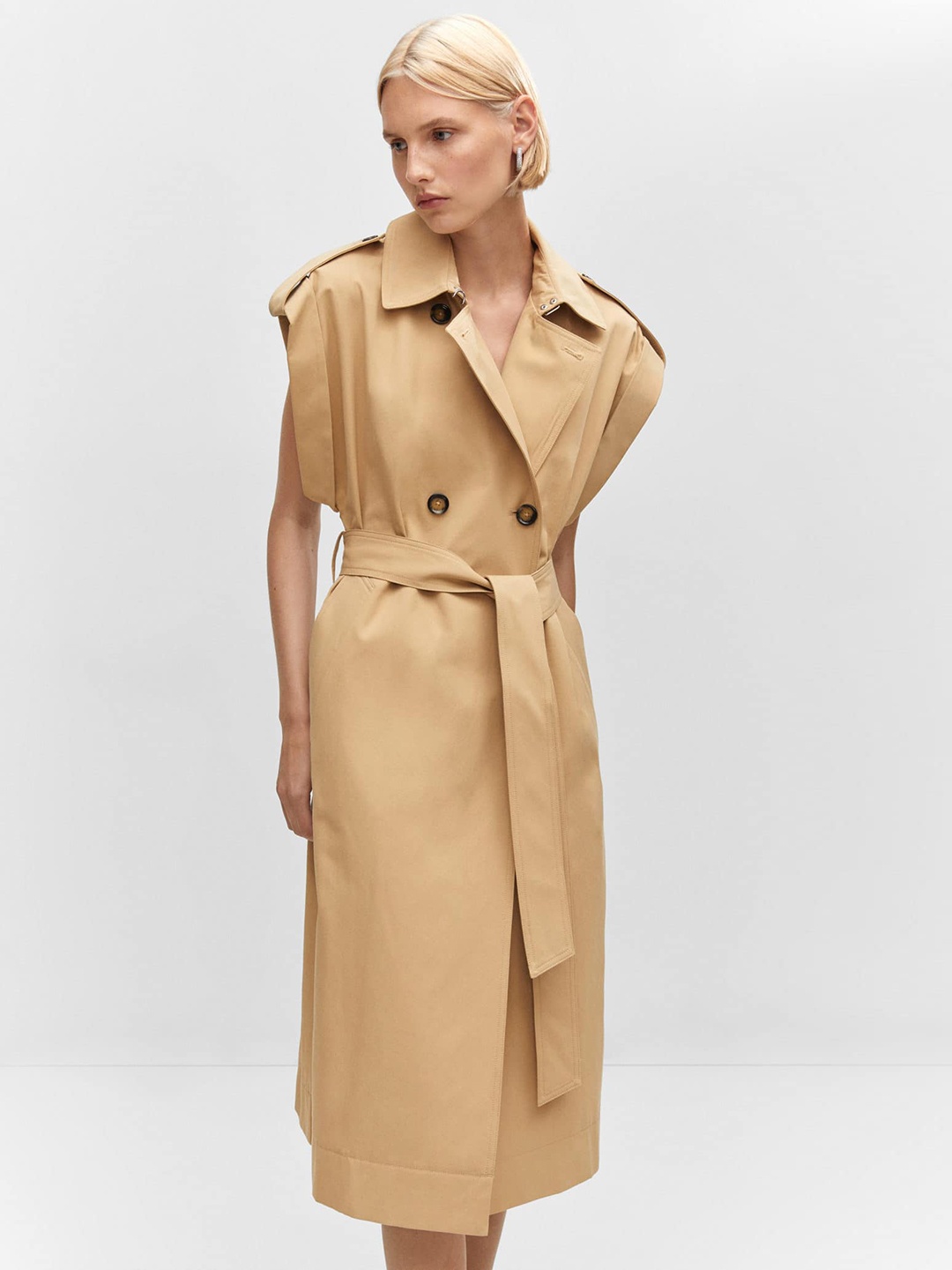 

MANGO Pure Cotton Double-Breasted Trench Coat with Belt, Beige
