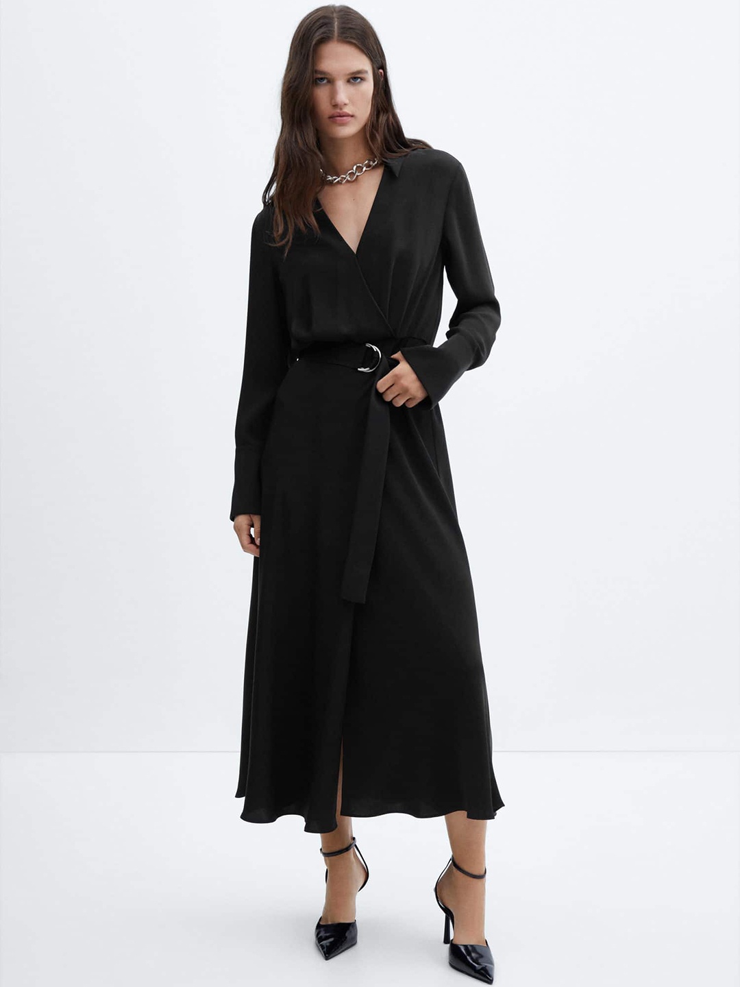 

MANGO Shirt Collar Belt Detailed Midi Wrap Dress, Black