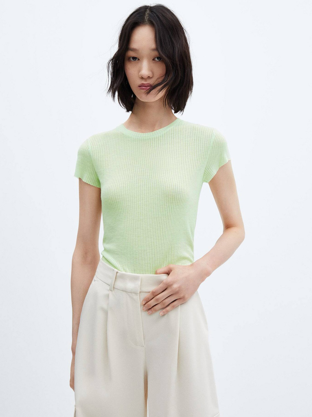 

MANGO Women Ribbed T-shirt, Green