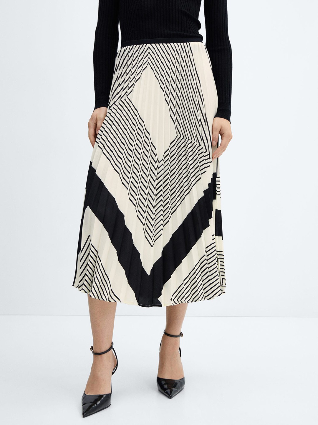 

MANGO Striped Accordion Pleated A-Line skirt, Off white