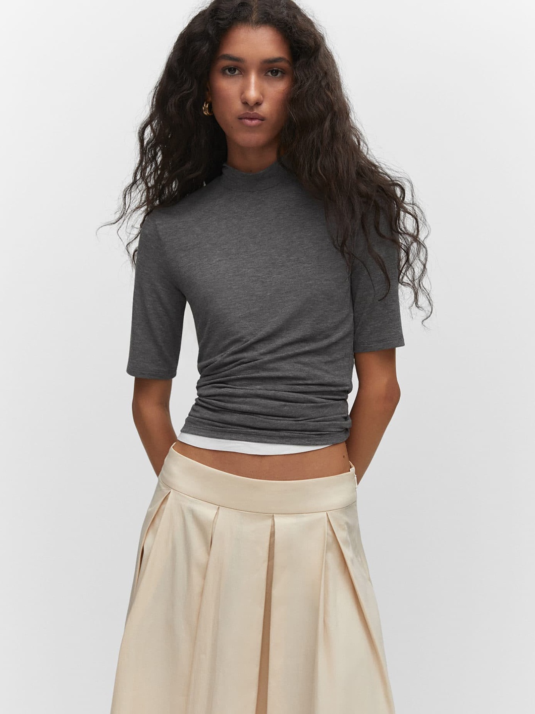 

MANGO Cotton High Neck T-shirt, Grey