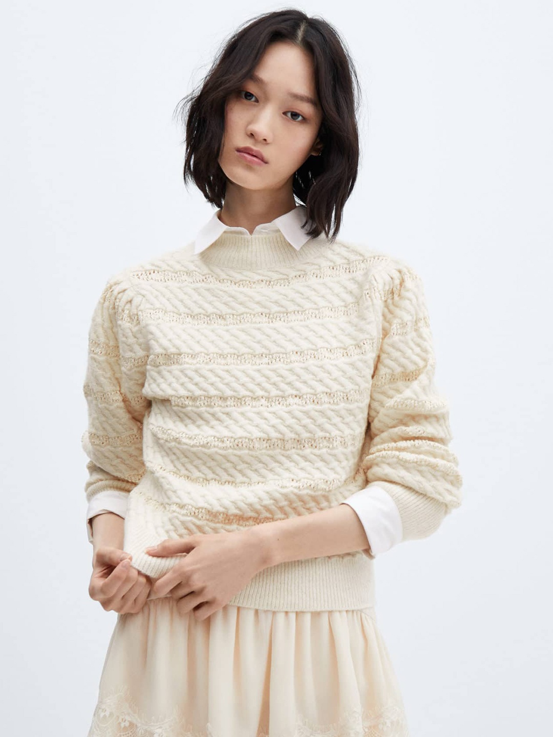 

MANGO Braided Knit High Neck Pullover, Cream