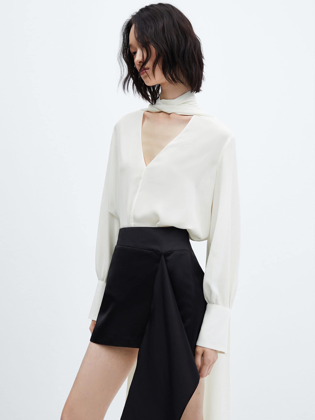 

MANGO Tie-Up Neck Puff Sleeves Top, White