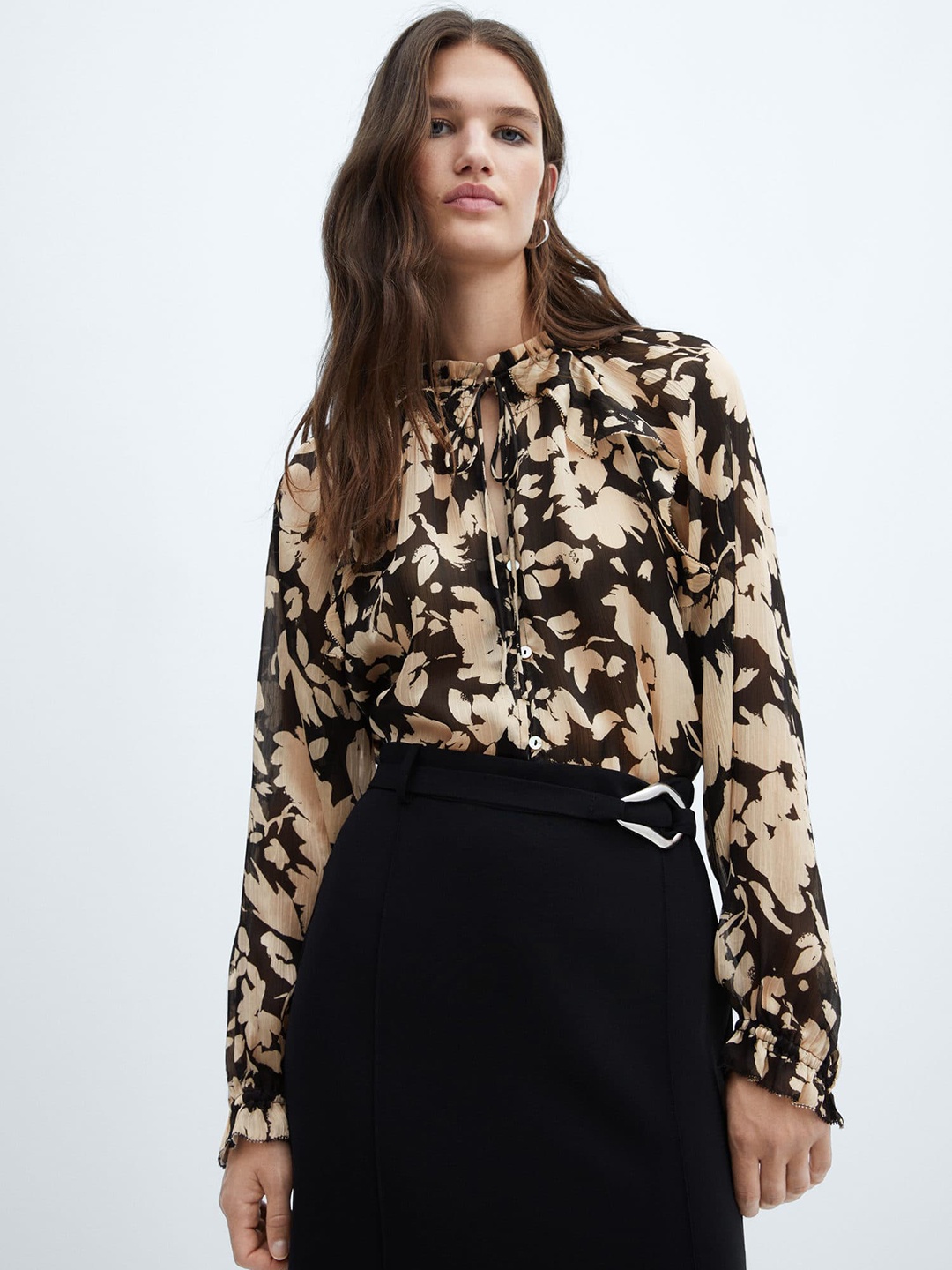 

MANGO Floral Print Tie-Up Neck Puff Sleeve Shirt Style Top, Beige