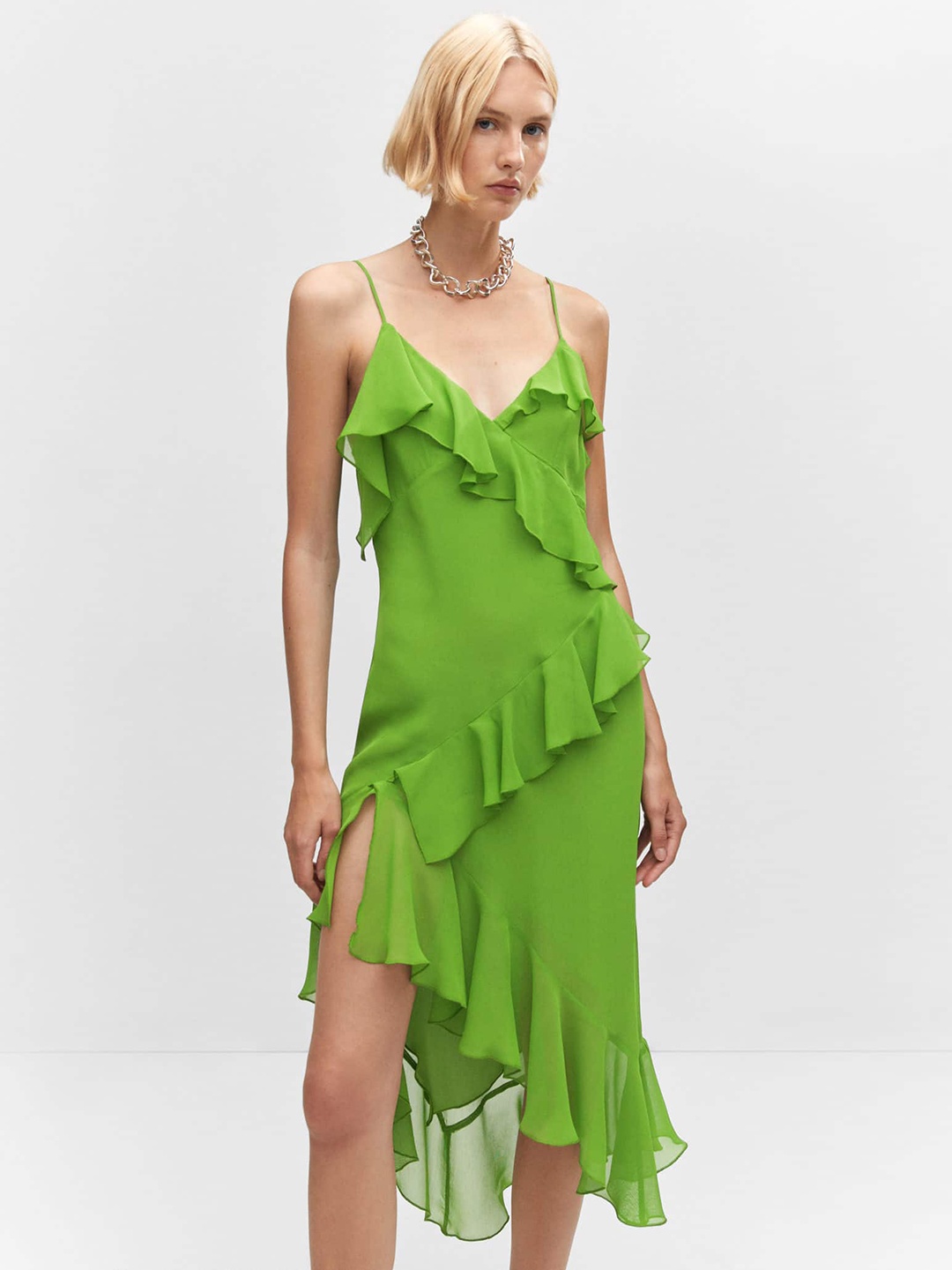 

MANGO Asymmetric Hem Ruffled A-Line Midi Dress, Green