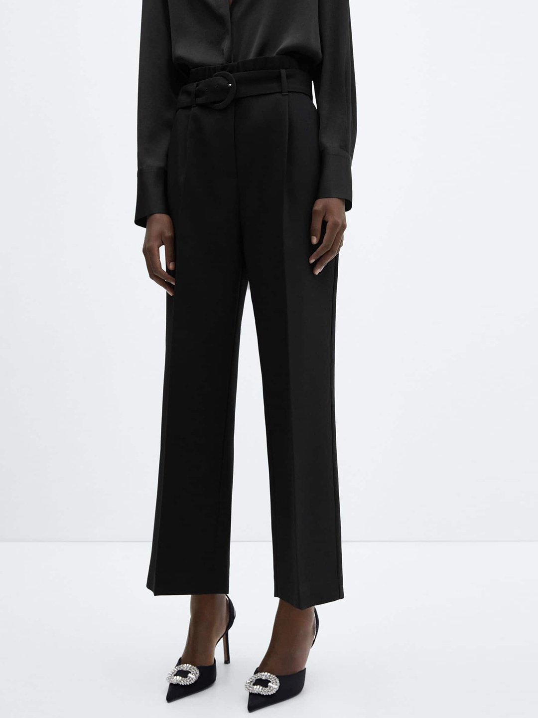 

MANGO Women Pleated Trousers With Belt, Black