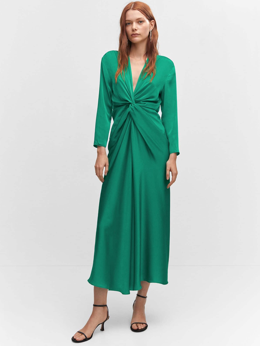 

MANGO Satin Knot Detail A-Line Midi Dress, Green