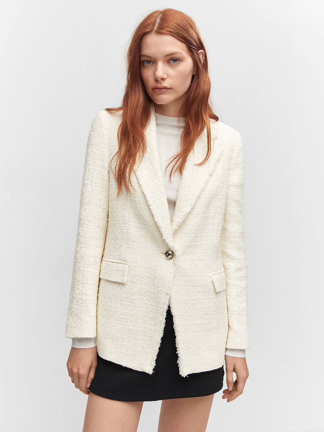 

MANGO Jewel Button Detailed Notched Lapel Collar Tweed Blazer, Off white