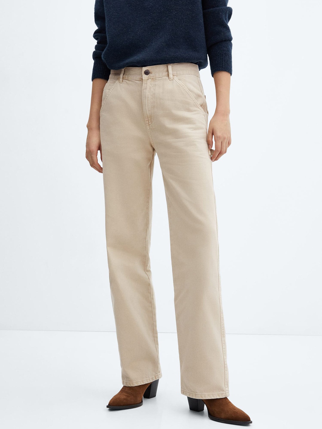 

MANGO Women High-Rise Non-Stretchable Pure Cotton Cargo Jeans, Beige