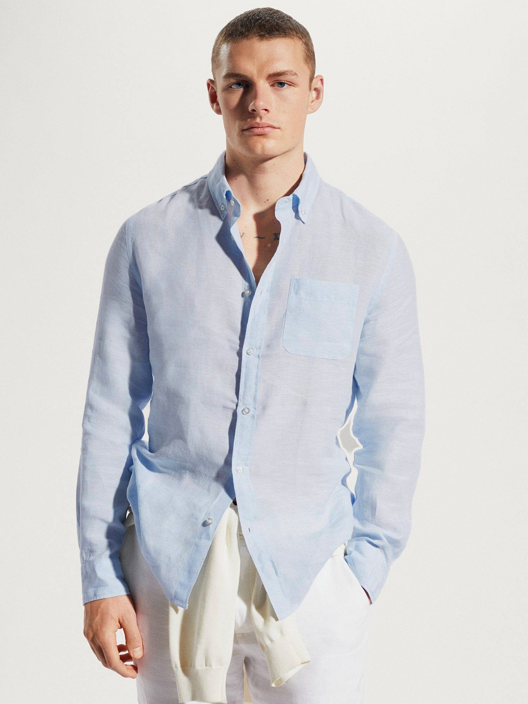 

MANGO MAN Solid Chest Pocket Detailed Slim Fit Opaque Casual Shirt, Blue