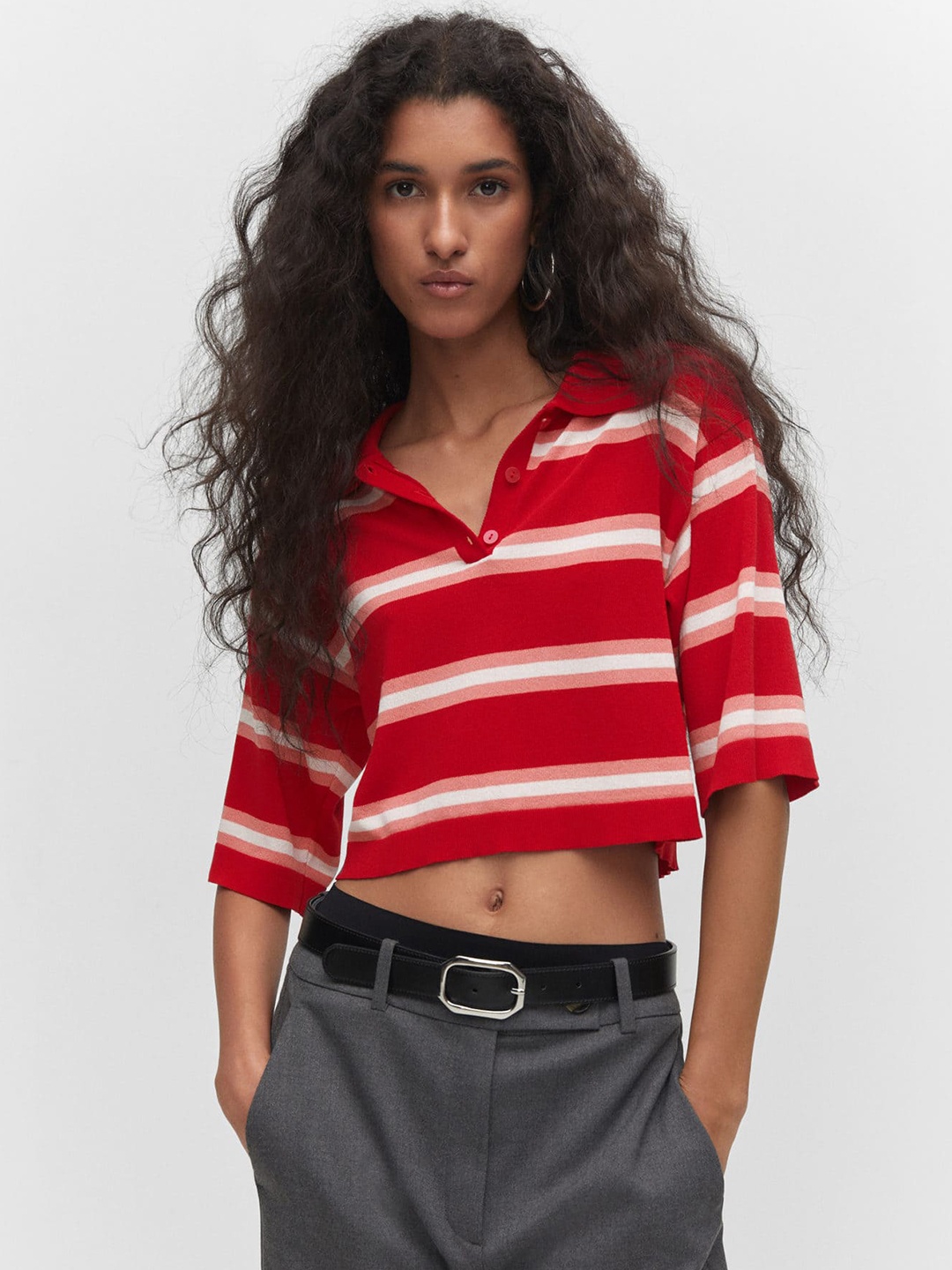 

MANGO Striped Polo Collar Crop T-shirt, Red