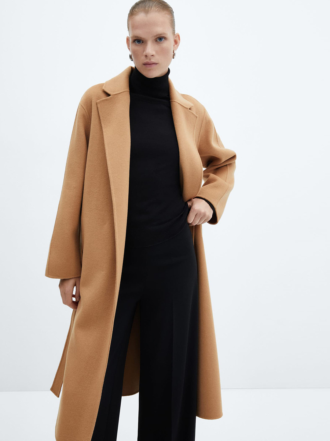 

MANGO Front-Open Longline Overcoat with Belt, Brown
