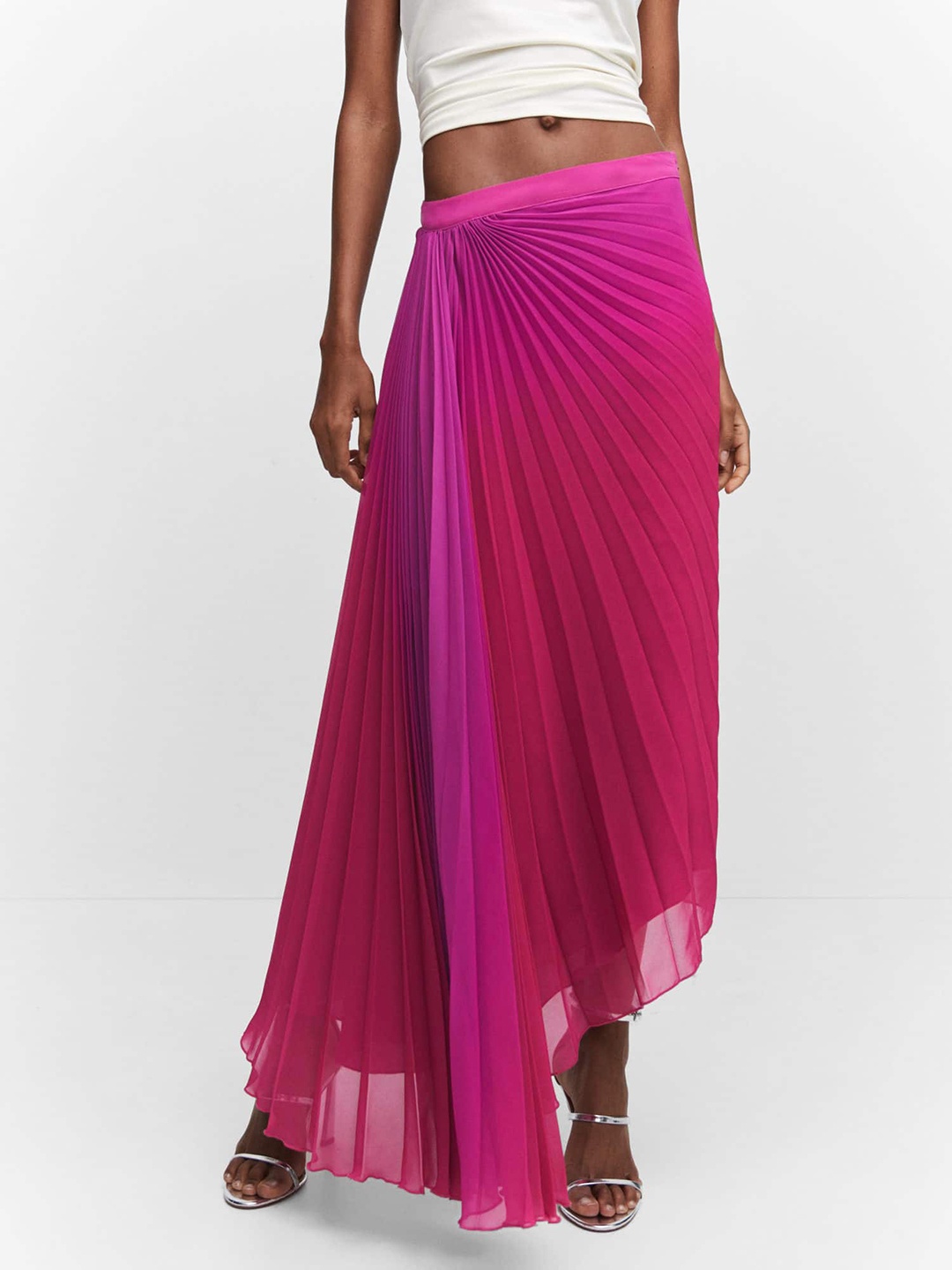 

MANGO Ombre Printed Accordion Pleated Asymmetric Hem A-Line Midi Skirt, Fuchsia