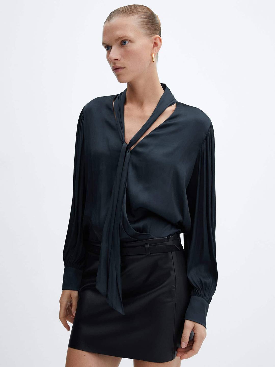 

MANGO Satin-Finish Tie-Up Neck Top, Black