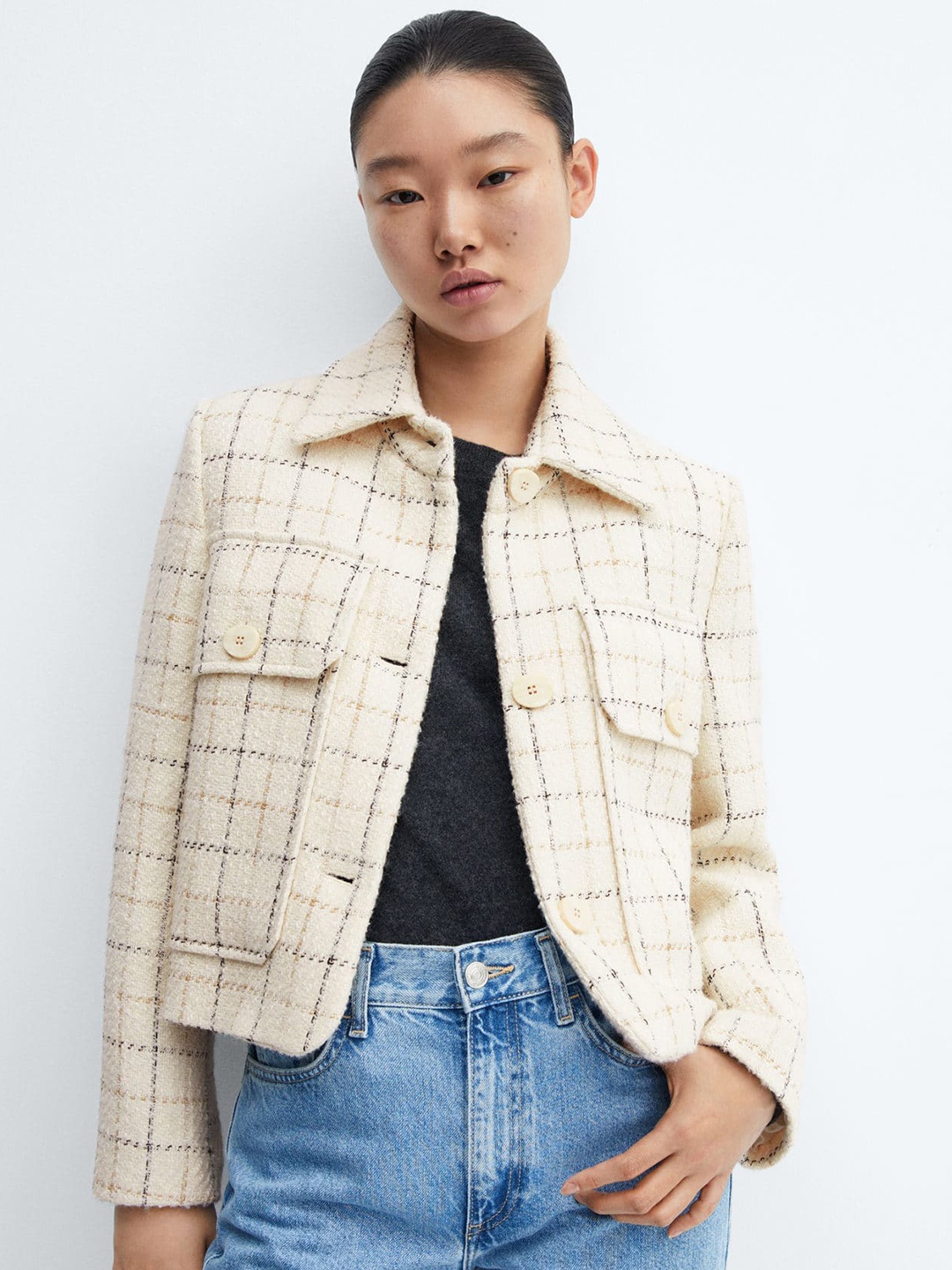 

MANGO Checked Flap Pockets Detailed Tweed Formal Tailored Jacket, Off white