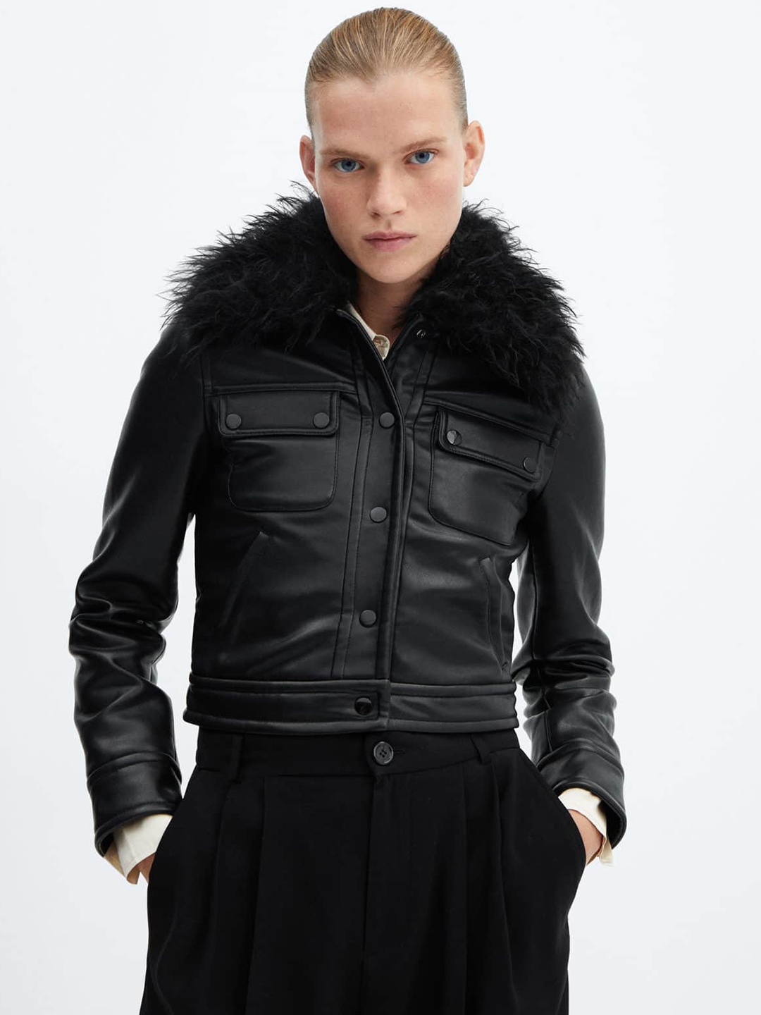 

MANGO Women Faux Leather Parka Jacket, Black