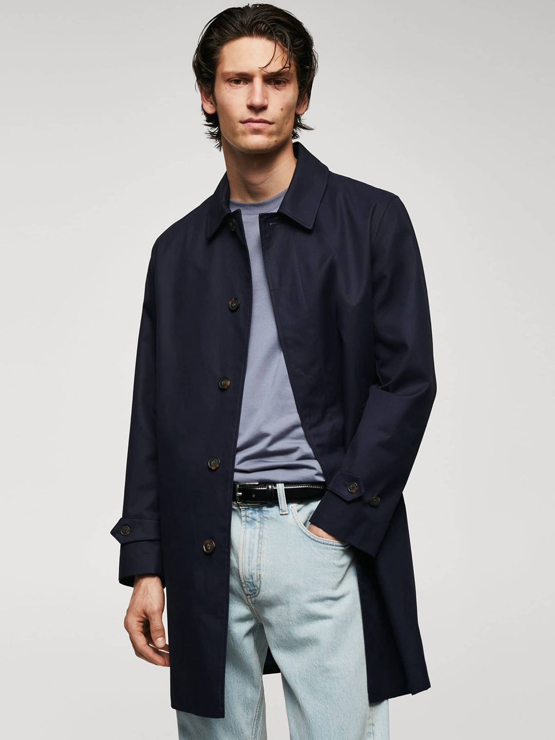 

MANGO MAN Spread Collar Longline Overcoat, Navy blue