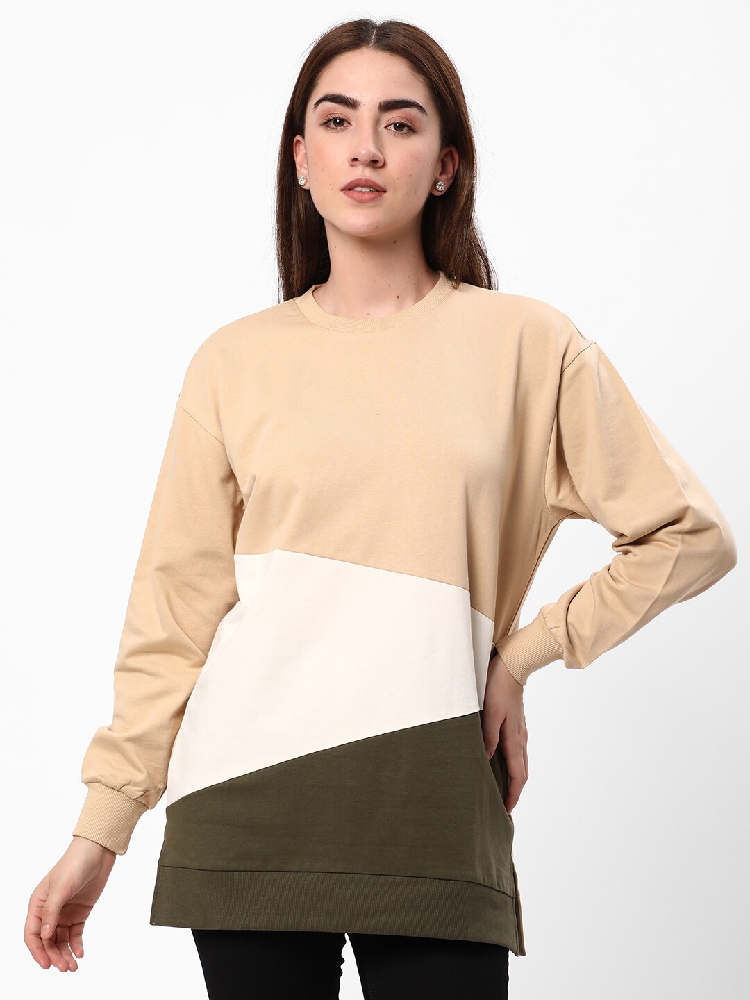 

R&B Colourblocked Drop Shoulder Cotton Pullover, Olive