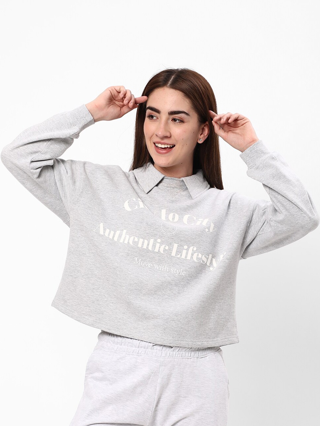 

R&B Typography Printed Shirt Collar Cotton Pullover Sweatshirt, Grey