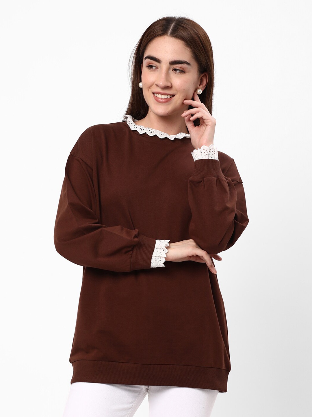 

R&B Round Neck Long Sleeves Cotton Pullover Sweatshirt, Brown