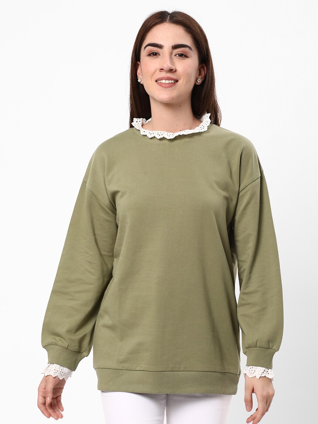 

R&B Round Neck Long Sleeve Cotton Sweatshirt, Green