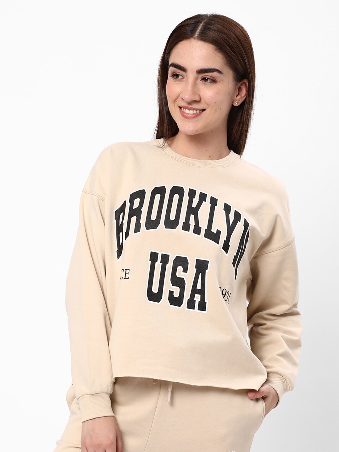 

R&B Typography Printed Cotton Sweatshirt, Beige