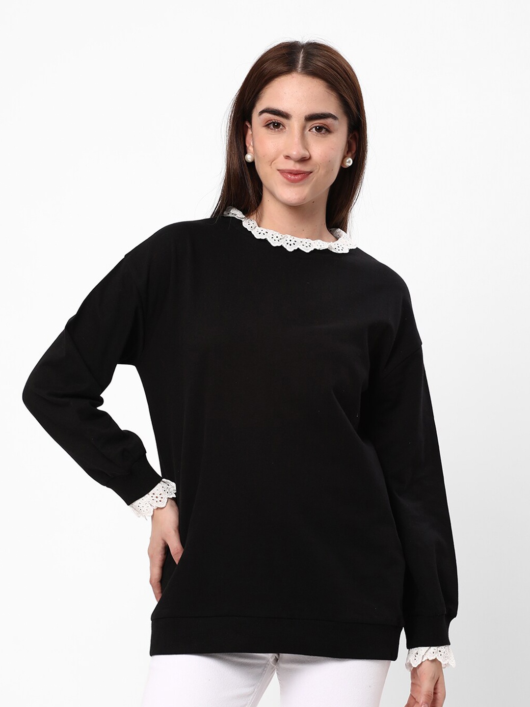 

R&B Round Neck Long Sleeves Cotton Pullover Sweatshirt, Black