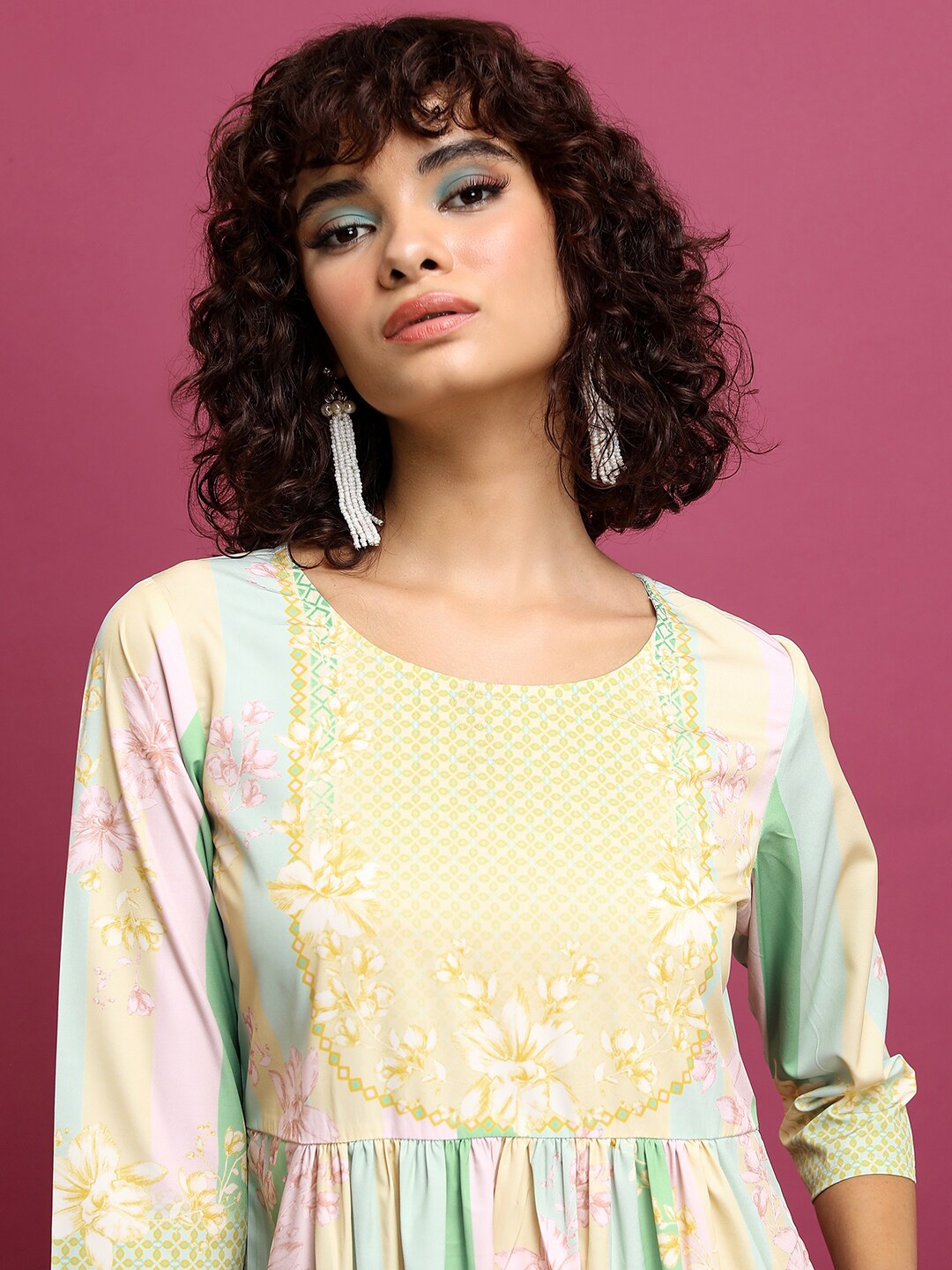 

KETCH Floral Printed Pleated A-Line Kurta, Yellow