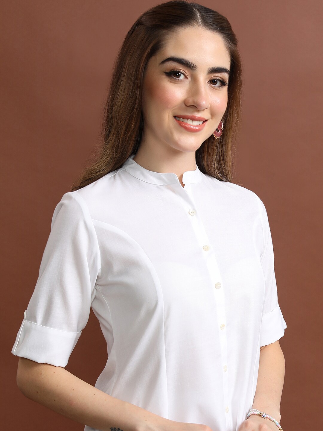 

KETCH Mandarin Collar Roll -Up Sleeves Panelled A-Line Kurta, White