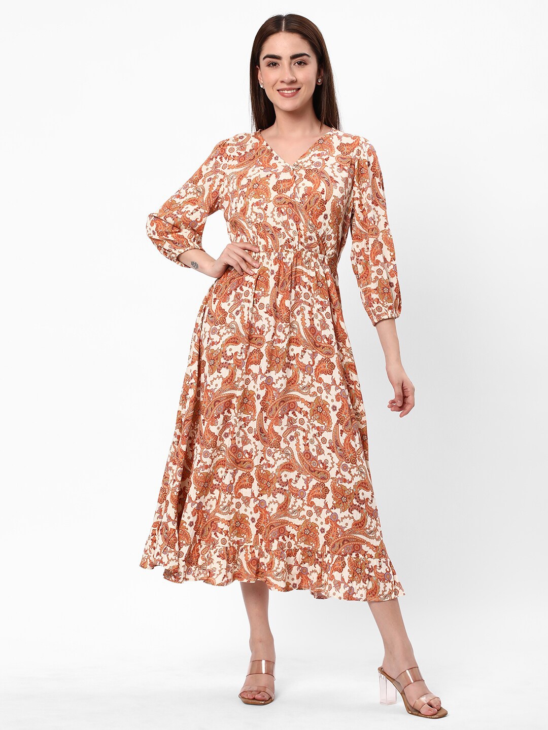 

R&B Floral Printed Puff Sleeve Tie-Ups A-Line Midi Dress, Orange