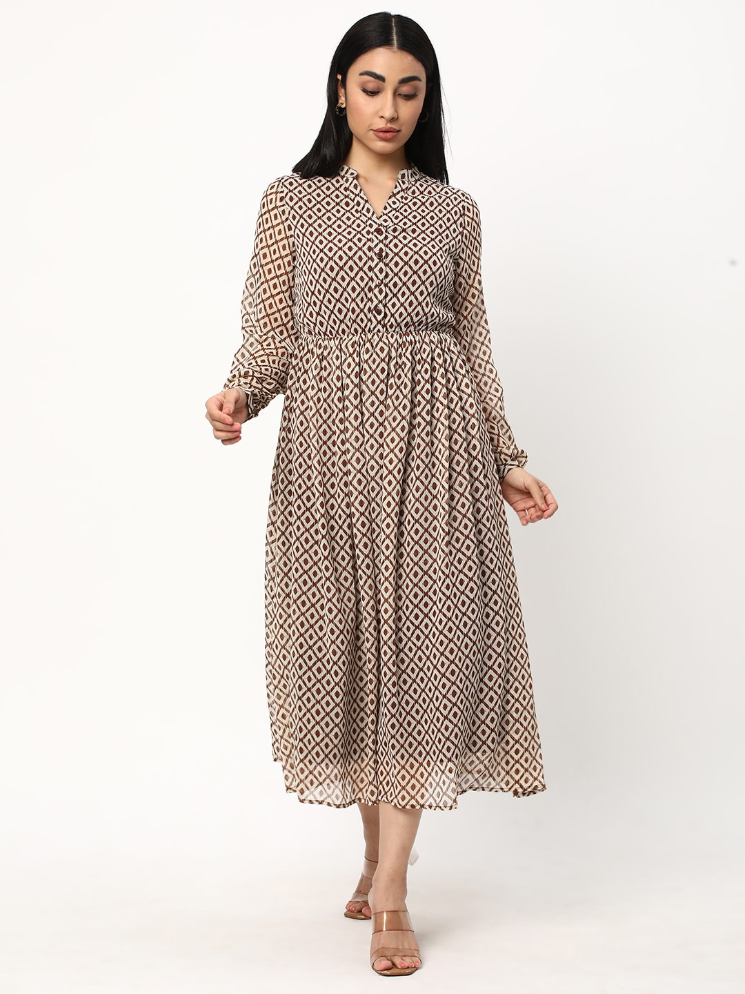 

R&B Geometric Printed Fit & Flare Midi Dress, Brown