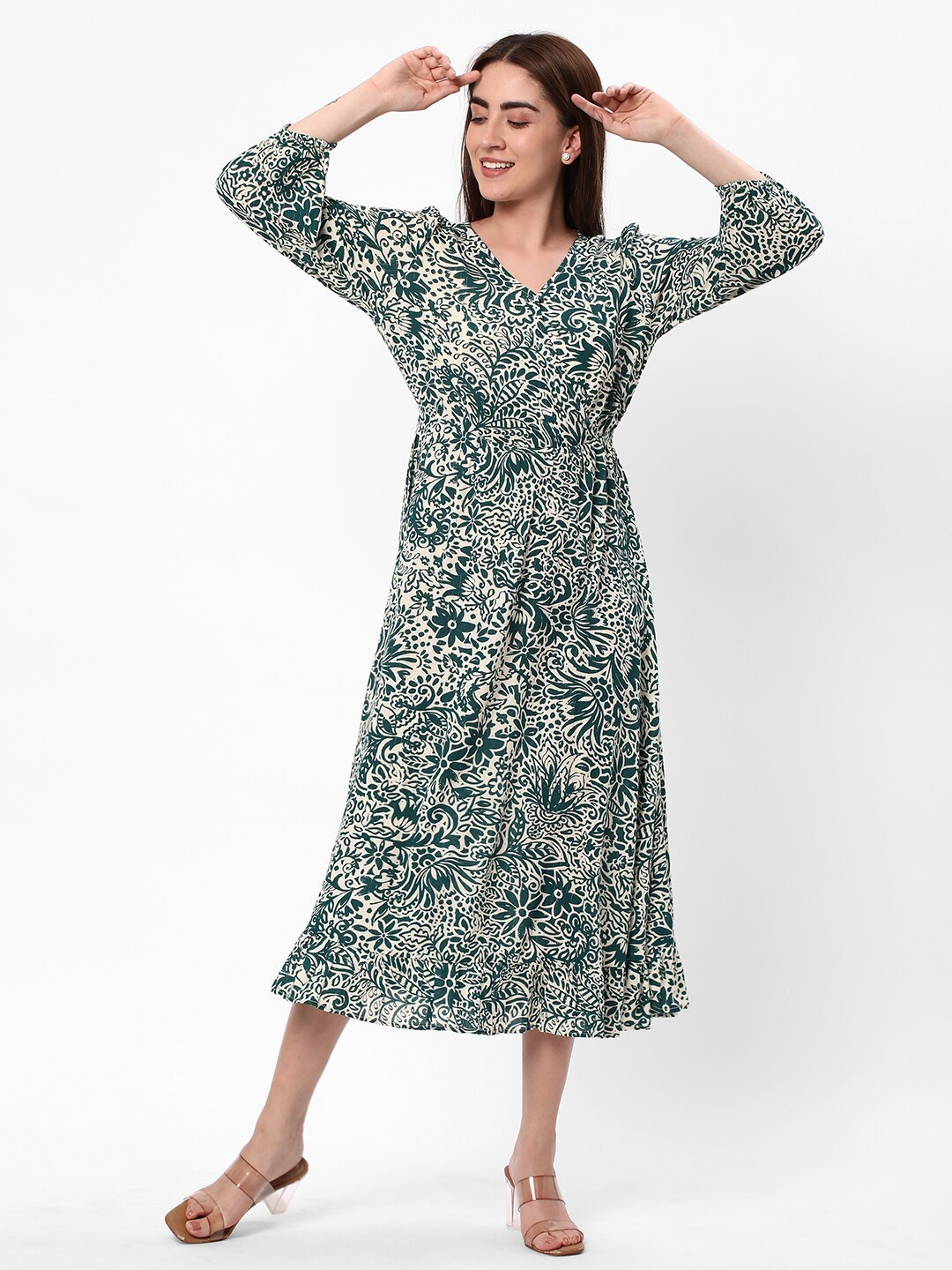 

R&B Floral Printed Fit & Flare Midi Dress, Green