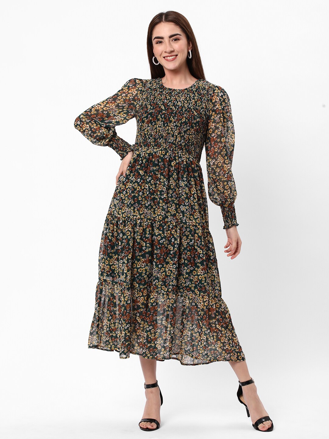 

R&B Floral Printed Puff Sleeve Fit & Flare Midi Dress, Green