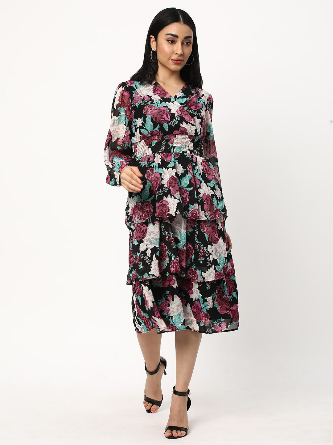 

R&B Floral Print V-Neck Puff Sleeve Fit & Flare Layered Midi Dress, Black