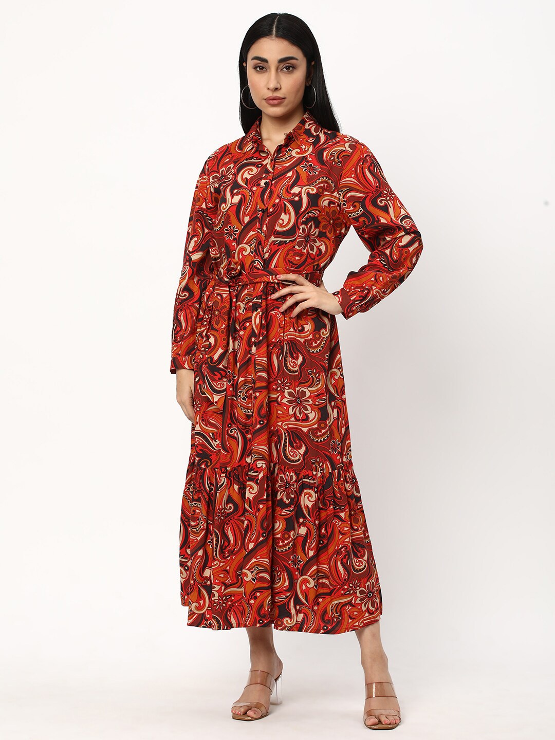 

R&B Ethnic Motifs Printed Shirt Collar Cuffed Sleeves Midi Dress, Brown