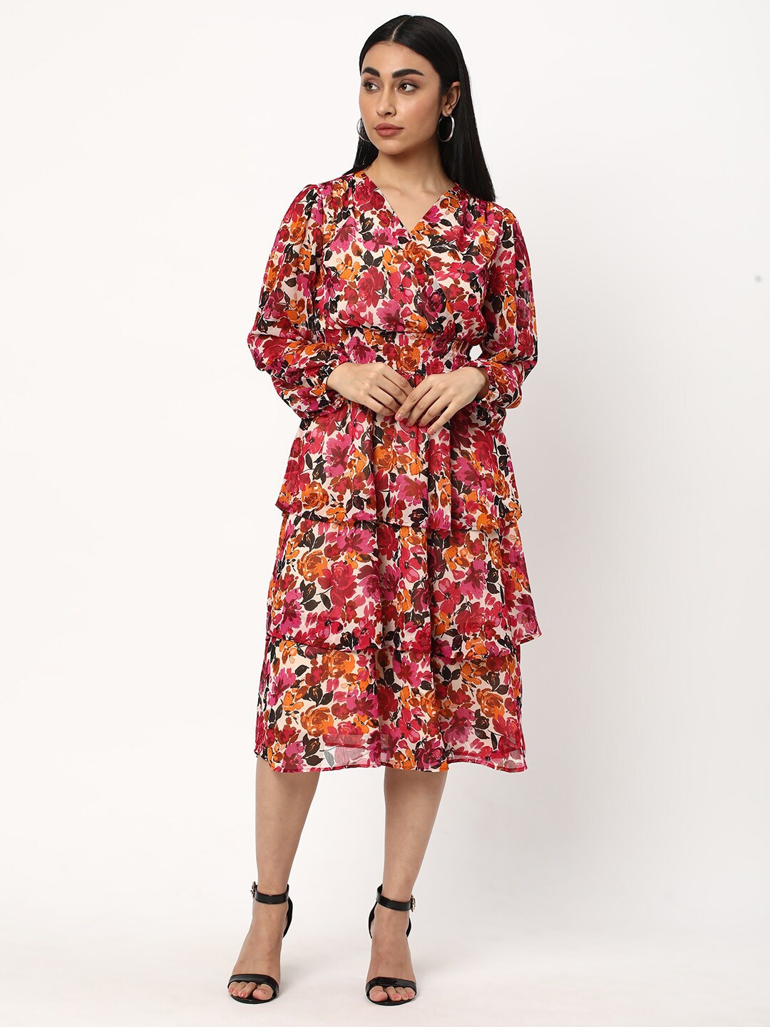 

R&B Floral Print V-Neck Puff Sleeve Fit & Flare Layered Midi Dress, Red