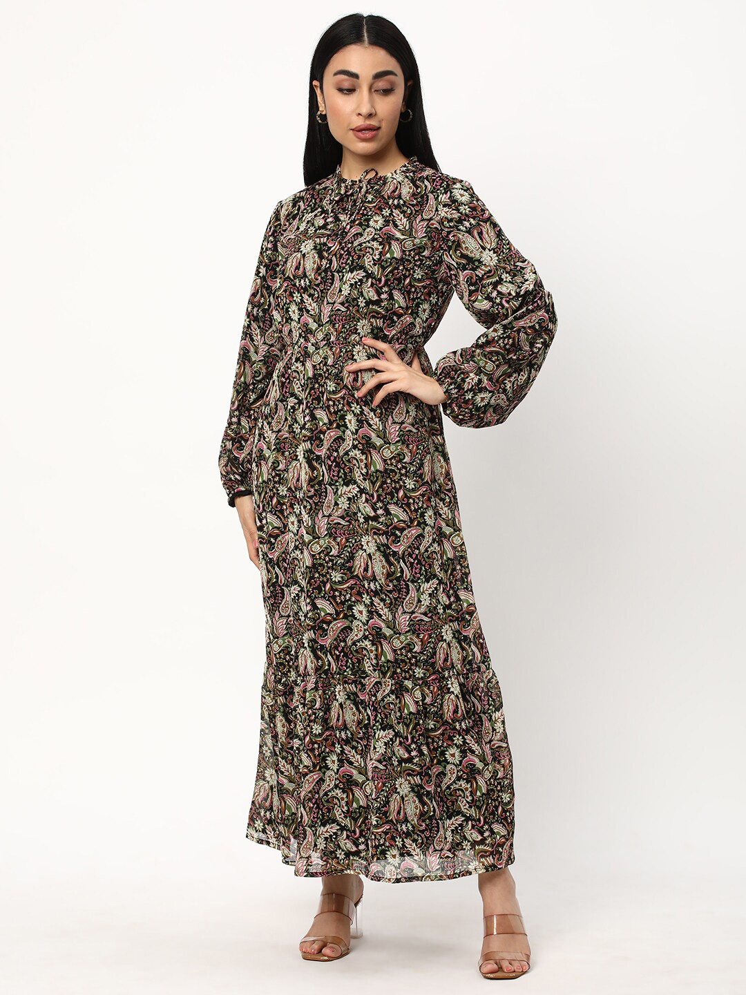 

R&B Ethnic Motifs Printed Tie-Up Neck Cuffed Sleeve Maxi Dress, Beige