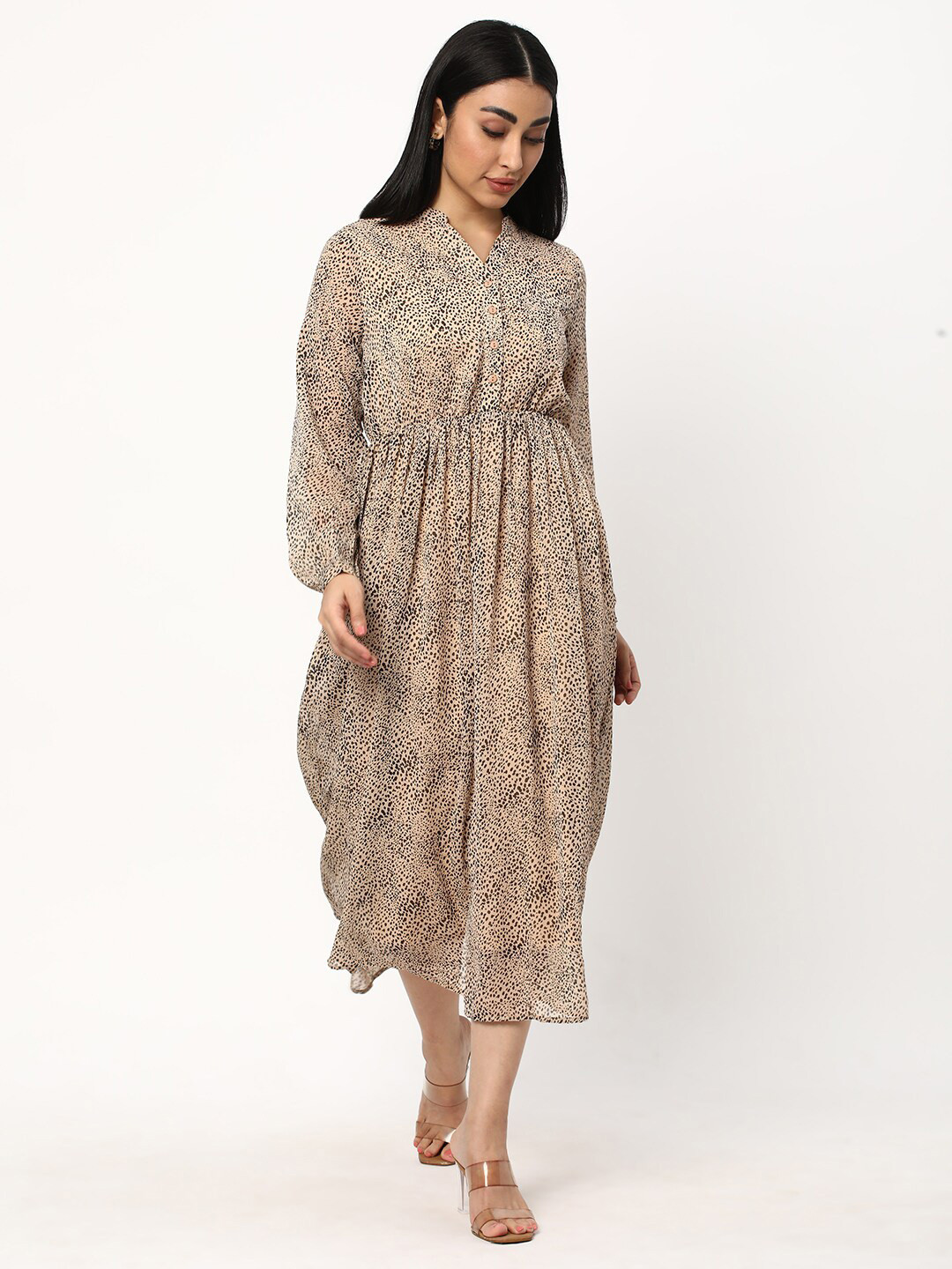 

R&B Animal Printed Mandarin Collar Fit & Flare Midi Dress, Beige