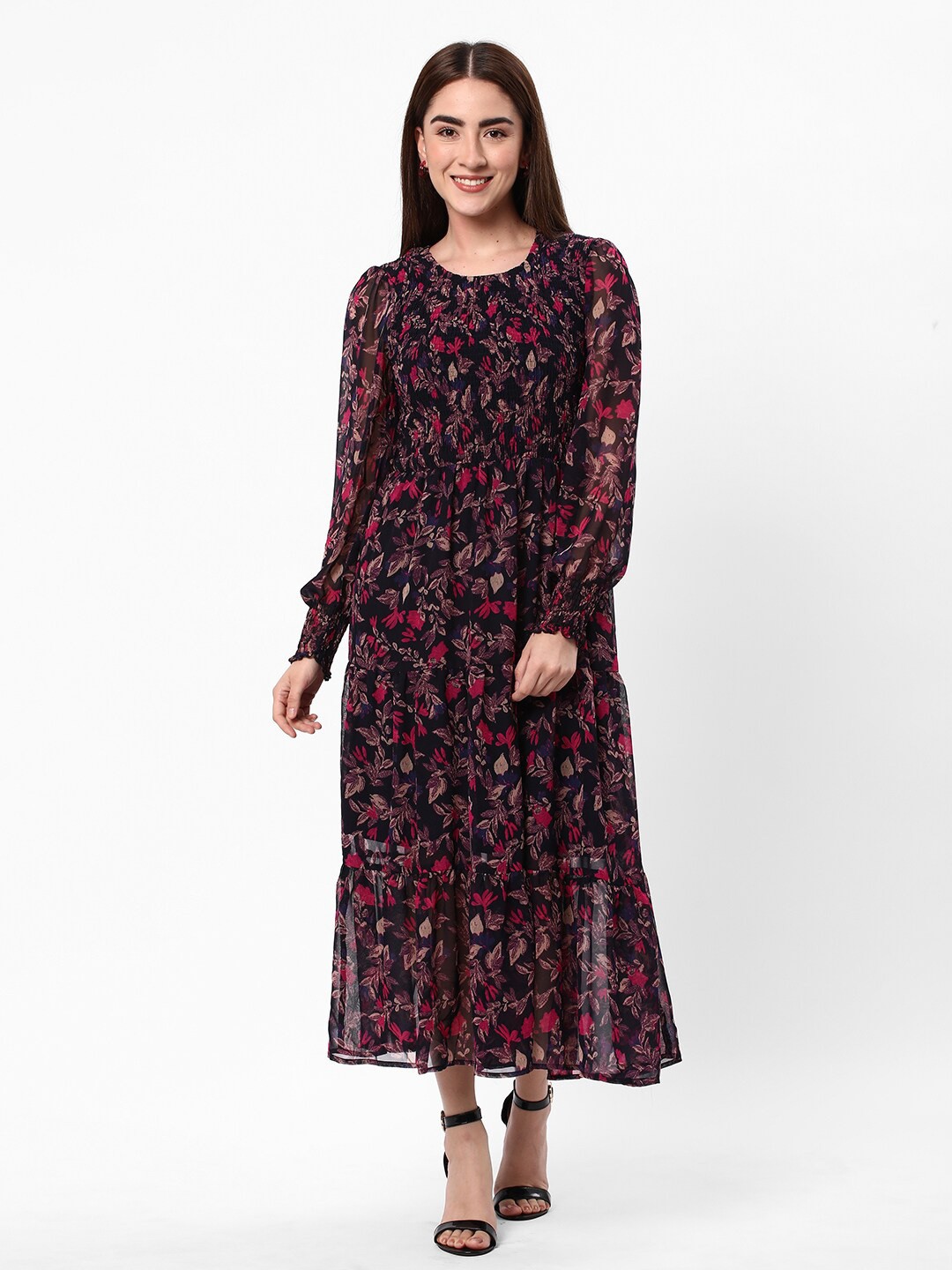 

R&B Floral Printed Puff Sleeve Fit & Flare Midi Dress, Blue